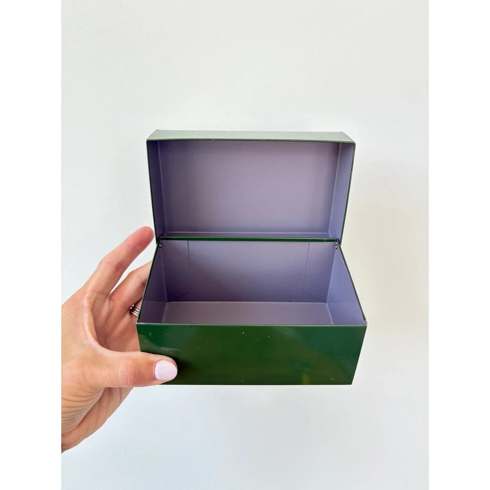 Vintage Forest Green Metal Storage Box Hinged Lid - Recipe Box